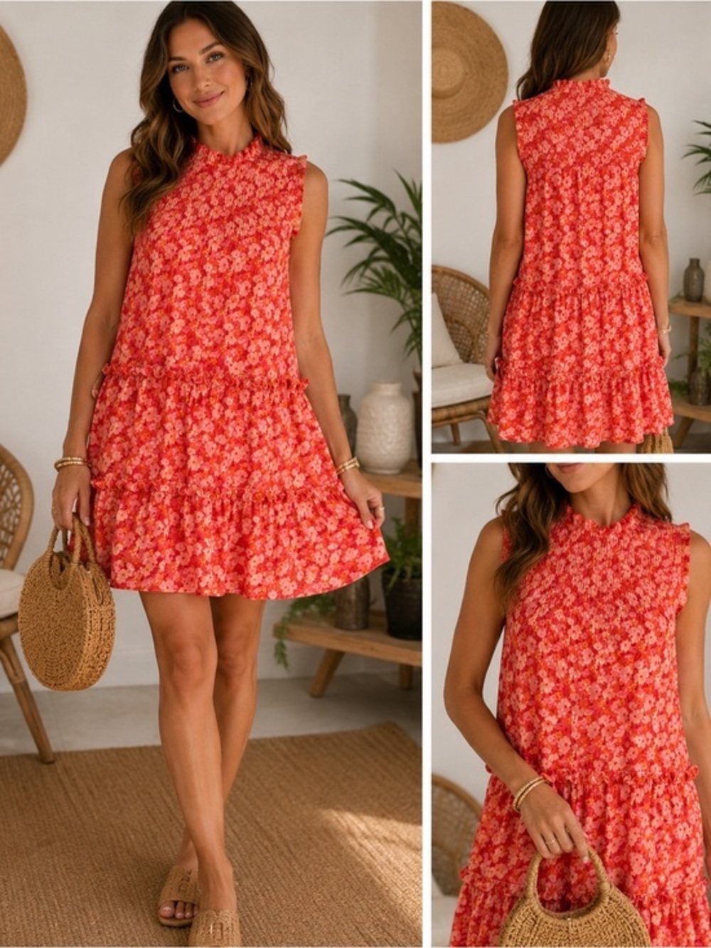Taylor Coral Pink Floral Smocked Tiered Mini Dress 10 Boho Cottagecore Resort